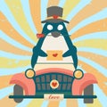 Valentine\'s Day vector greeting card with adorable kawaii penguin bird in retro car